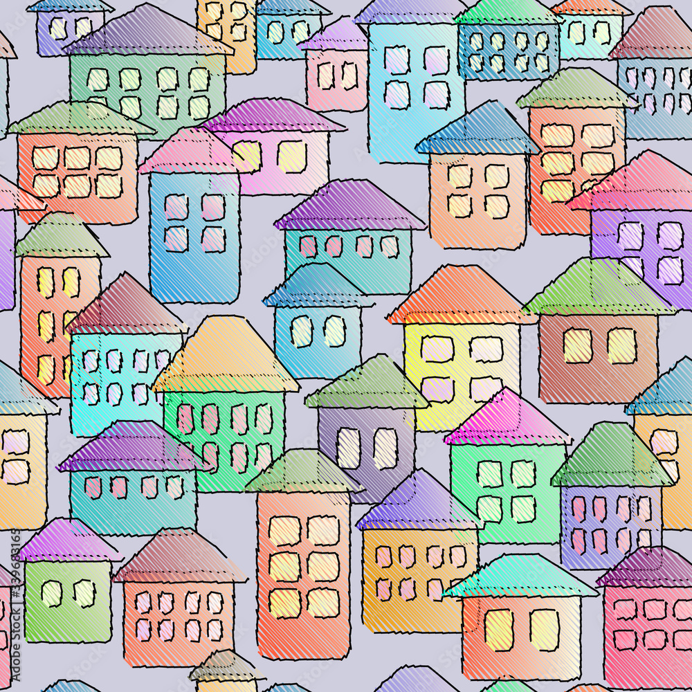 Fabulous children's houses, seamless pattern. Cartoon design for poster, fabric, invitation background, book cover.
