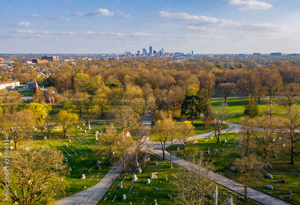 An aerial view of downtown Indianapolis from a cemetery
