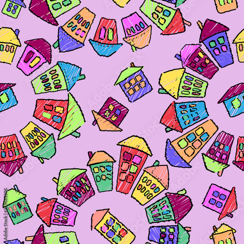 Fabulous children s houses  seamless pattern. Cartoon design for poster  fabric  invitation background  book cover.