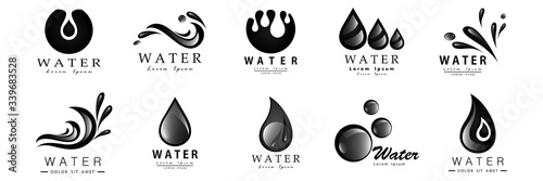 Water Splash Vector And Drop Set - Isolated On White Background. Vector Collection Of Flat Water Splash and Oil Drop Logo. Icons For Droplet, Water Wave, Rain, Raindrop, Company Logo And Bubble Design