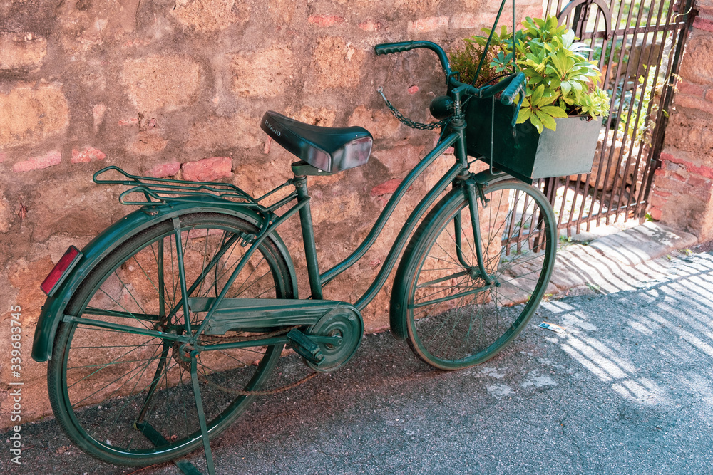 retro bicycle with basket with green plants on the street in village in Tuscany