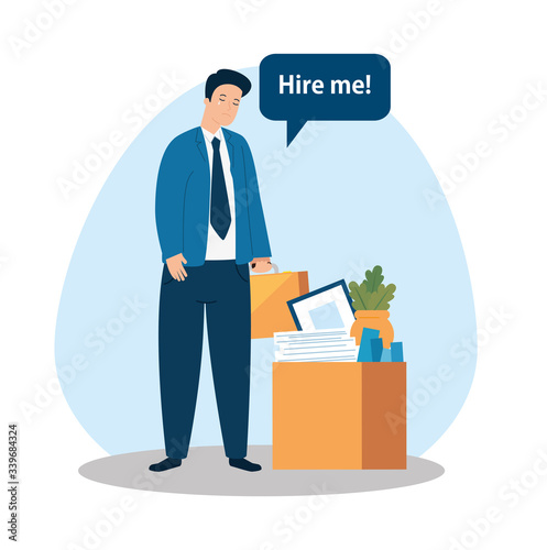 businessman sad with box searching work vector illustration design