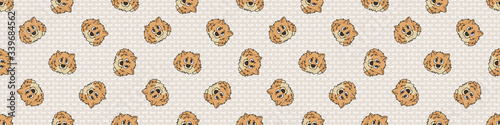 Hand drawn cute pomeranian breed dog face seamless border pattern. Purebred pedigree domestic dog background. Dog lover fluffy spitz pet washi ribbon. Kennel pooch EPS 10. 