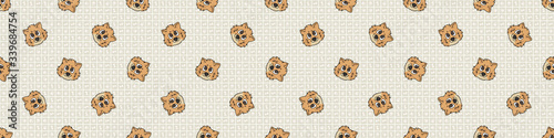 Hand drawn cute pomeranian breed puppy face seamless border pattern. Purebred pedigree domestic dog background. Dog lover fluffy spitz pet washi ribbon. Kennel pooch EPS 10. 