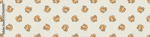 Hand drawn cute pomeranian breed puppy seamless border pattern. Purebred pedigree domestic dog background. Dog lover fluffy spitz pet washi ribbon. Kennel pooch EPS 10. 