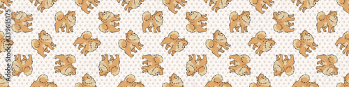 Hand drawn cute pomeranian breed dog seamless border pattern. Purebred pedigree domestic dog background. Dog lover fluffy spitz pet washi ribbon. Kennel pooch EPS 10. 