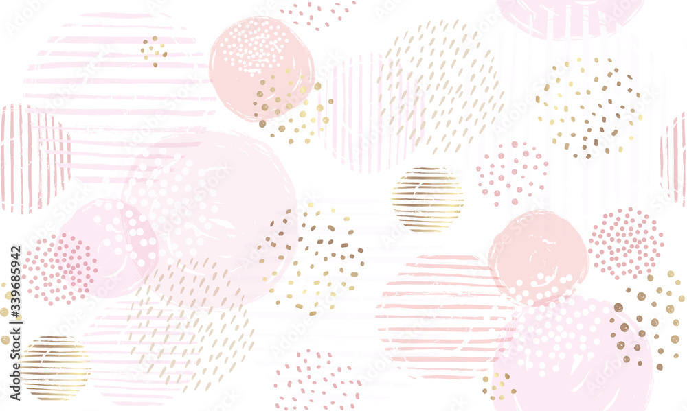 Abstract geometric seamless pattern with circles and gold glitter elements. Vector