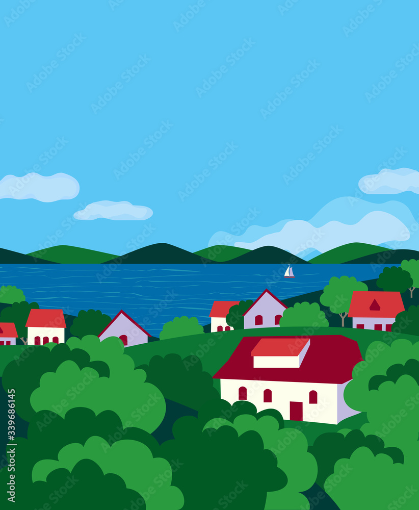 Summer village river landscape flat color vector