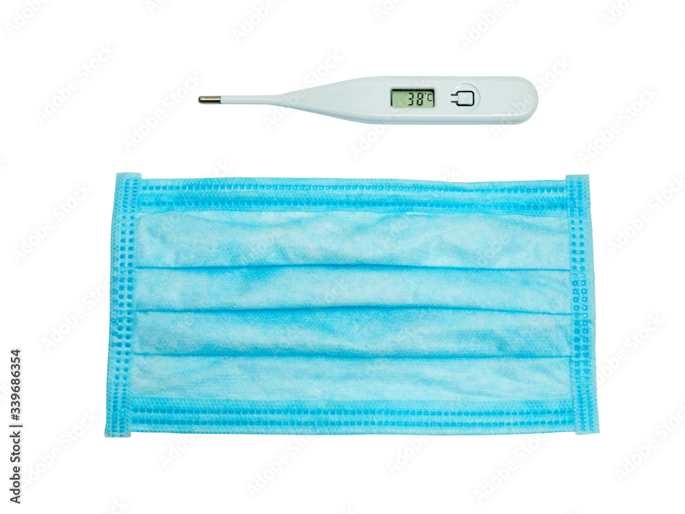 Fototapeta premium White thermometer and medical mask isolated on white background. Protection against pollution and virus.