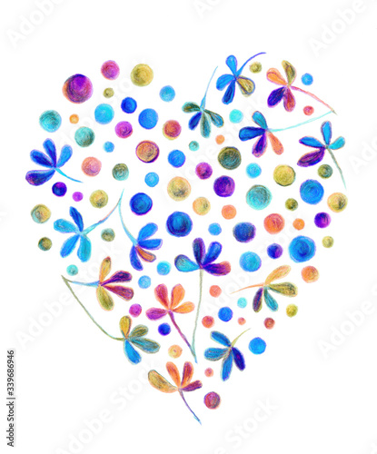 Floral heart flowers  leaves. For the design of backgrounds  invitations  cards  posters  stickers  badges  etc. Hand-painted. Separately on a white background.