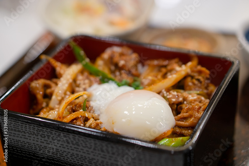 Japanese food style Spicy Butajyu it is a Spicy Sauce with Pork and boiled egg.