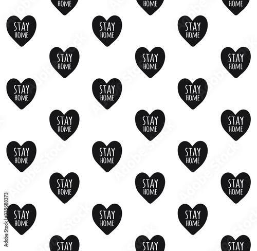 Vector seamless pattern of black hand drawn stay home lettering in heart isolated on white background. Coronavirus pandemic self isolation print illustration