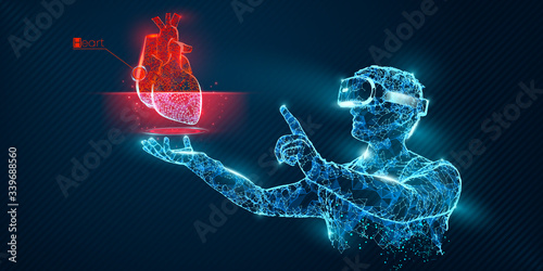 VR wireframe headset vector banner. Polygonal man wearing virtual reality glasses, with holographic of heart. Science, diagnostics, virtual analytics, analysis. VR games. Thank you for watching