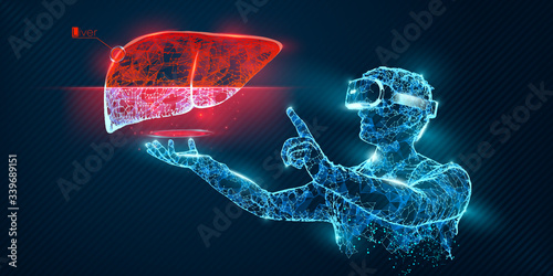 VR wireframe headset vector banner. Polygonal man wearing virtual reality glasses, with holographic of liver. Science, diagnostics, virtual analytics, analysis. VR games. Thank you for watching