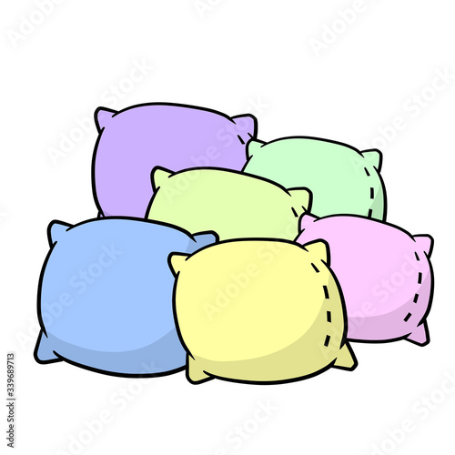 Set of pillows. Large and small object. Cartoon flat illustration. Soft colored cushions in blue, green and pink. Element of bedroom and bed for sleep