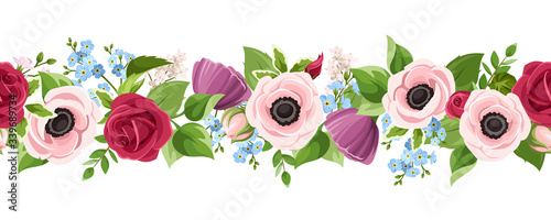 Vector horizontal seamless border with red, pink, purple and blue anemones, roses and forget-me-not flowers on a white background.
