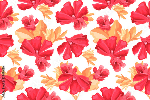 Vector floral seamless pattern. Red mallow flowers, buds, beige leaves isolated on white background. For home textiles, fabric, wallpaper, kitchen decor, paper, accessories. Watercolor style.