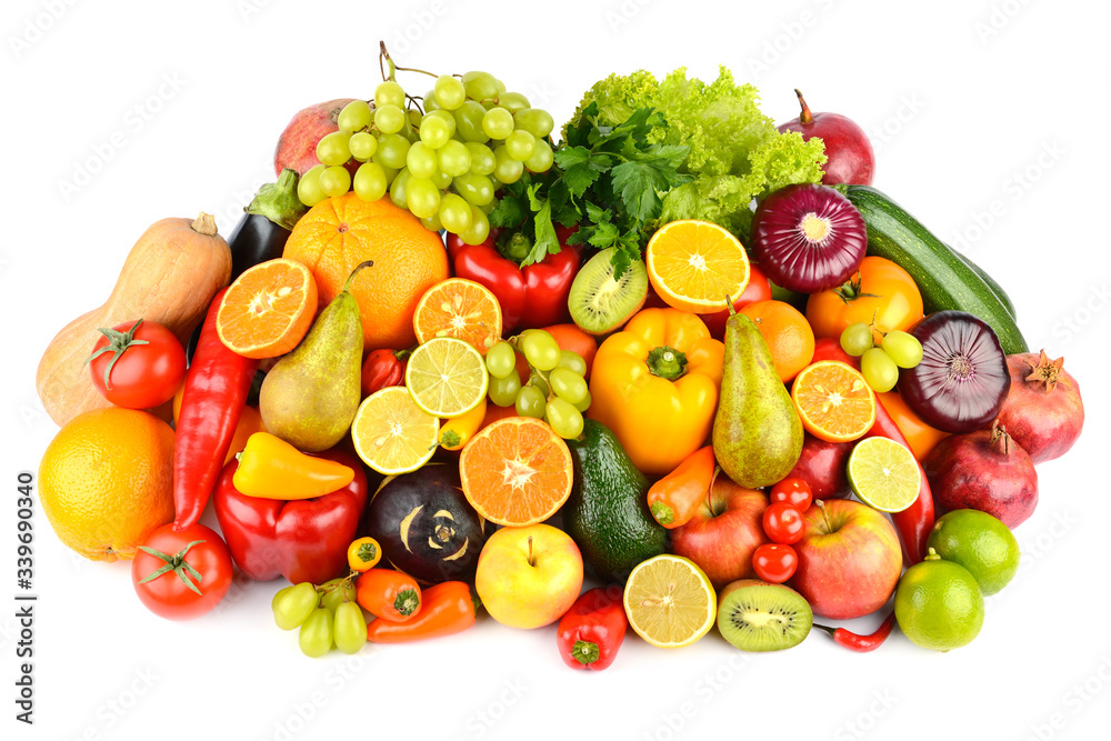 Big collection multi-colored juicy vegetables and fruits isolated on white background.