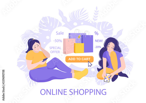 Shopping addiction concept. Happy woman bought many expensive things through online internet shop