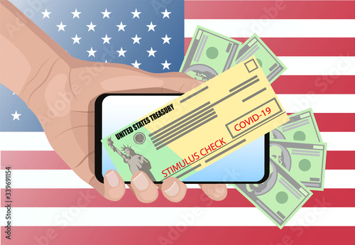 Individual checks in display of modern smartphone in hand on american flag. Financial incentive bill. vector illustration