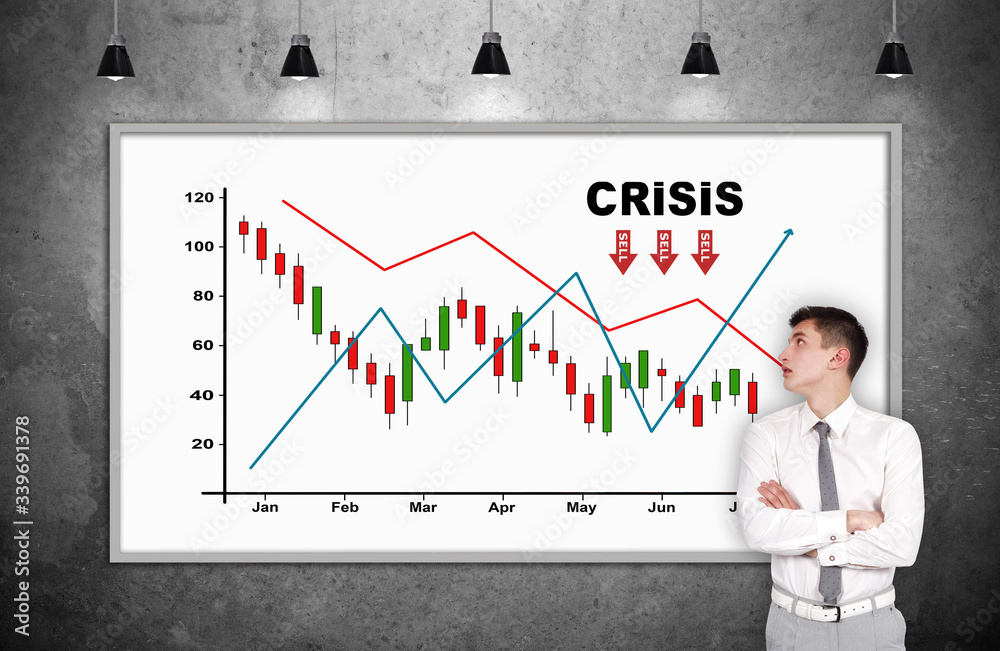 Businessmanlooking on billboard with crash chart Businessmanlooking on billboard with crash chart