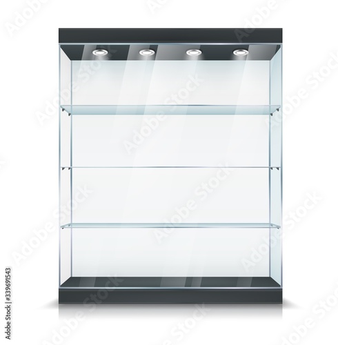 Fotografia Glass display, showcase stand with shelf and light