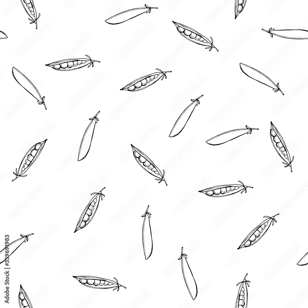 Vector Hand drawn outline seamless pattern with contour green peas. Monochrome Black-and-white illustration. Vegetables digital paper. Vector Hand drawn outline seamless pattern with contour green peas. Monochrome Black-and-white illustration. Vegetables digital paper.