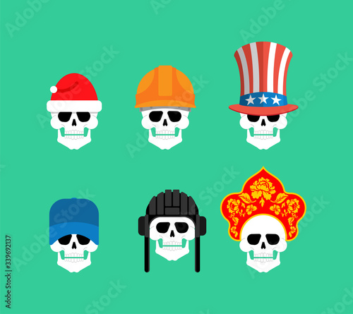 Set of skulls in hats. Statue of Liberty and Uncle Sam. Russian kokoshnik and building helmet. Green beret and hat cylinder. skeleton head