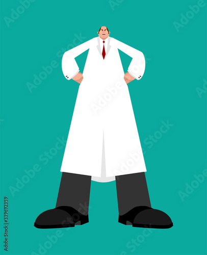 Doctor looks down. Big Serious Doc. Strong medic. Vector illustration