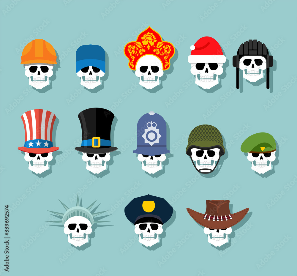 Set of skulls in hats. Statue of Liberty and Uncle Sam. Russian kokoshnik and building helmet. Green beret and hat cylinder. Cowboy and policeman. Aristocrat and British sheriff. skeleton head Set of skulls in hats. Statue of Liberty and Uncle Sam. Russian kokoshnik and building helmet. Green beret and hat cylinder. Cowboy and policeman. Aristocrat and British sheriff. skeleton head