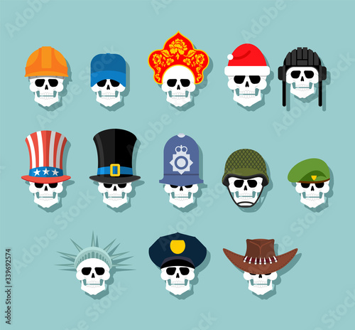Set of skulls in hats. Statue of Liberty and Uncle Sam. Russian kokoshnik and building helmet. Green beret and hat cylinder. Cowboy and policeman. Aristocrat and British sheriff. skeleton head