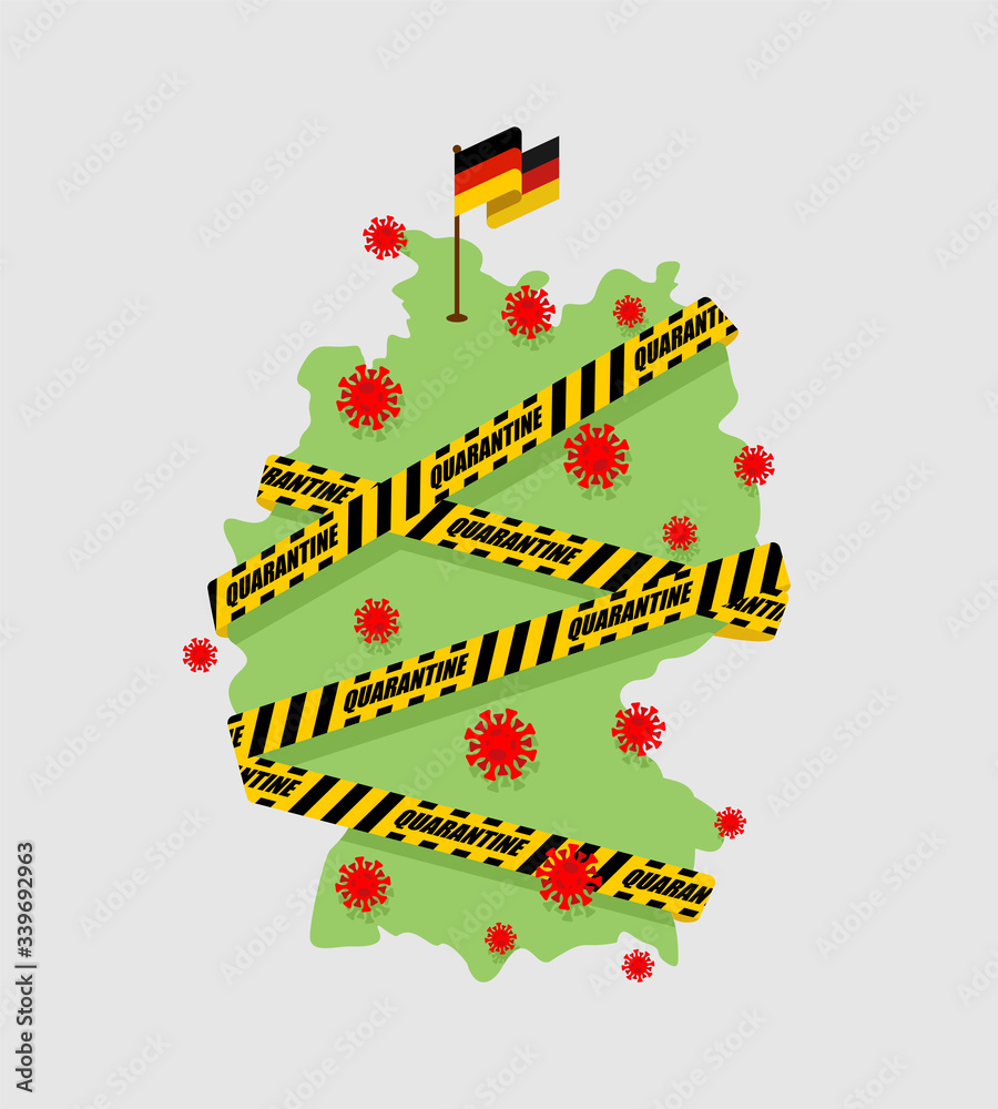Germany is wrapped in yellow warning tape Quarantine. German map Coronavirus epidemic in world. Outbreak Covid-19 Pandemic. World disaster