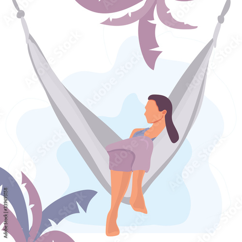 Vector stock illustration of a Summer vacation. Woman lying and relaxing in hammock under palm trees. Female character in flat style isolated on white background. Traveling and tourism holidays.