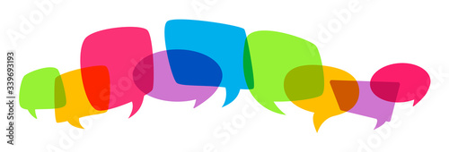 Overprint various speech bubble silhouet. Multicolored bright empty design elements, dialog color clouds icon. Overlapping blobs, balloon chat banner, page template. Comic vector illustration