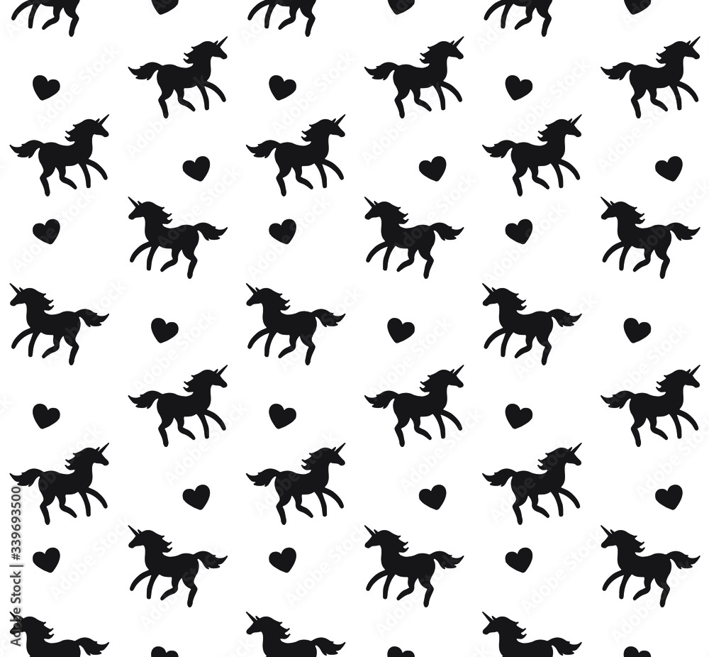 Vector seamless pattern of black sketch unicorn silhouette isolated on white background Vector seamless pattern of black sketch unicorn silhouette isolated on white background