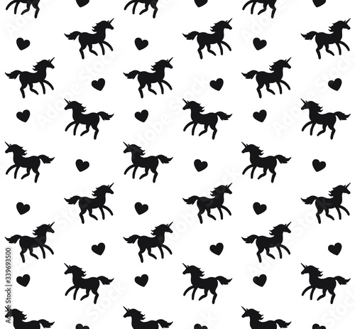 Vector seamless pattern of black sketch unicorn silhouette isolated on white background