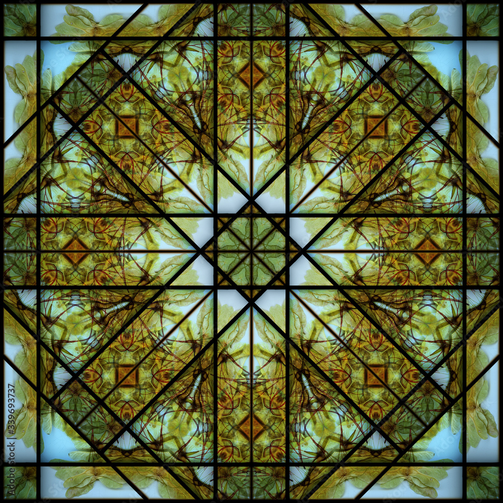Seamless pattern kaleidoscope: maple seeds, autumn stained glass