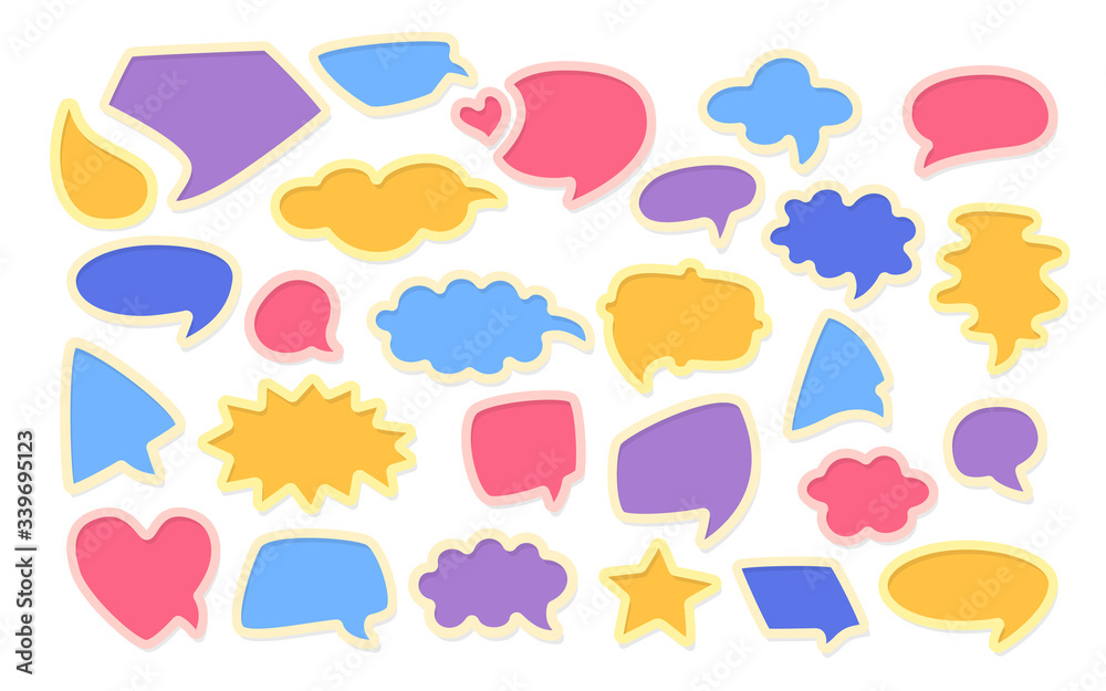 Speech bubble volume stickers cartoon set. Colorful fashion scrapbook design elements. Multicolored speech and thought blobs. Blank empty comic, balloon chat banner. Vector illustration Speech bubble volume stickers cartoon set. Colorful fashion scrapbook design elements. Multicolored speech and thought blobs. Blank empty comic, balloon chat banner. Vector illustration