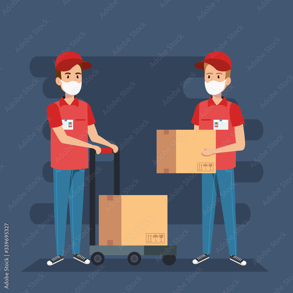 delivery workers using face mask with boxes carton vector illustration design delivery workers using face mask with boxes carton vector illustration design