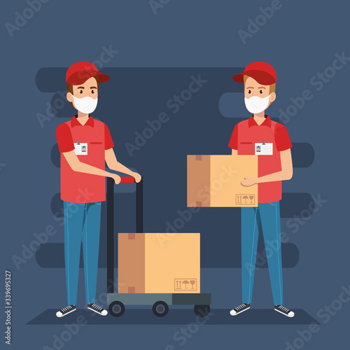 delivery workers using face mask with boxes carton vector illustration design