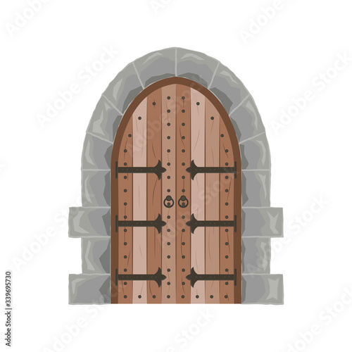 Medieval door. Steel and wooden gate. Antique exterior. Vector.