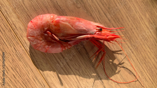 Big fresh pink king jumbo tiger cooked prawn shrimp seafood top flat view on wooden background