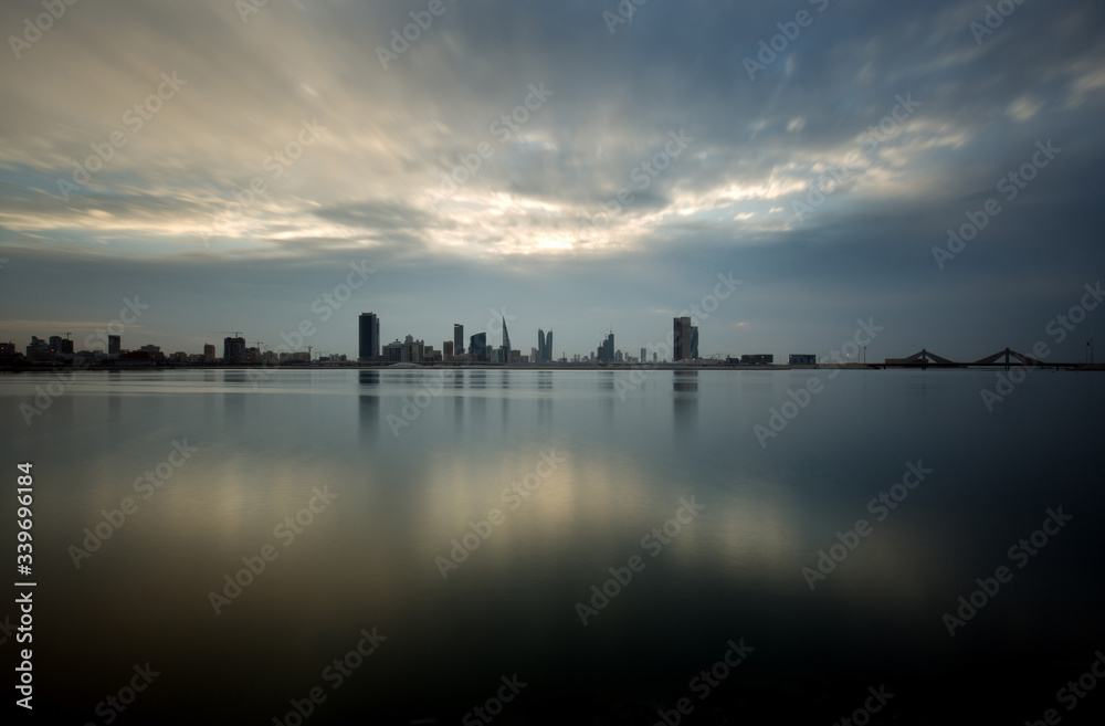 Bahrain skyline during sunset with beautiiful clouds