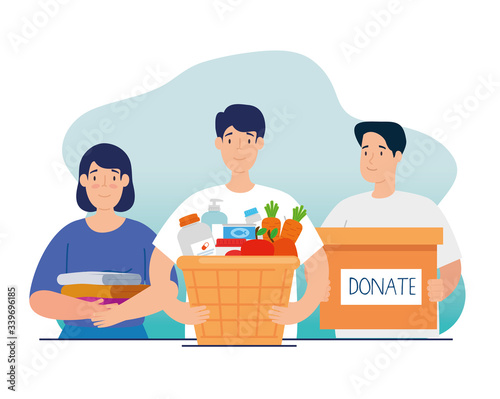 people with box and basket of charity donation vector illustration design