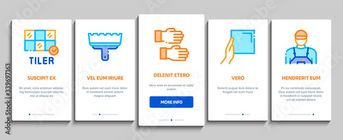 Tiler Work Equipment Onboarding Mobile App Page Screen Vector. Tiler Rectangular Notched Trowel And Electrical Tile Cutter, Level Tool And Grinder Color Contour Illustrations
