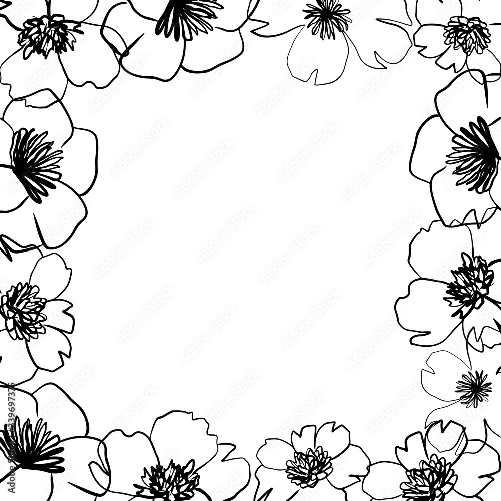 Simple hand drawn frame with blooming flowers in sketch style. Simple hand drawn frame with blooming flowers in sketch style.