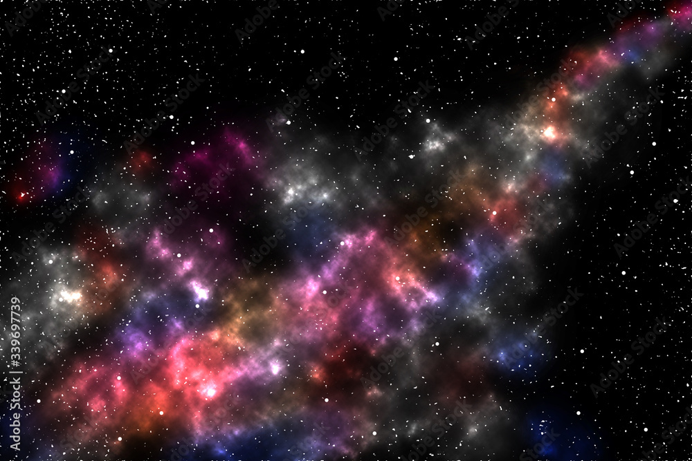 Abstract space background. Illustration of large cluster of stars, colorful nebula.