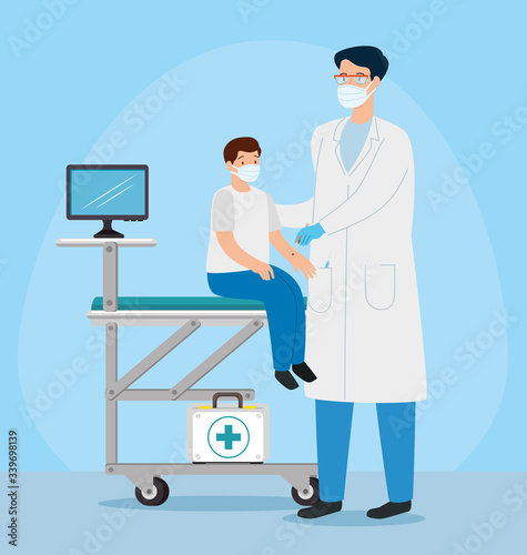 doctor male vaccinating to boy in consulting room vector illustration design
