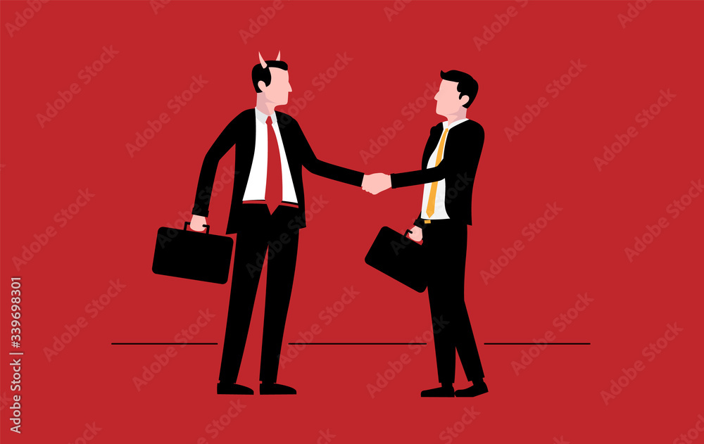 Make a deal with the devil - Businessman with horns shaking hands with client. Dangerous manager, bad deal and evil business concept. Vector illustration.