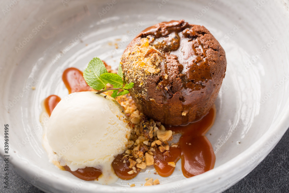Molten Chocolate Cake with ice cream and nuts Molten Chocolate Cake with ice cream and nuts